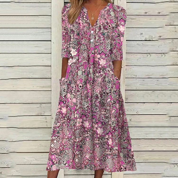 Vestido casual estampado con cuello en V y bolsillos abiertos - EspaƱa