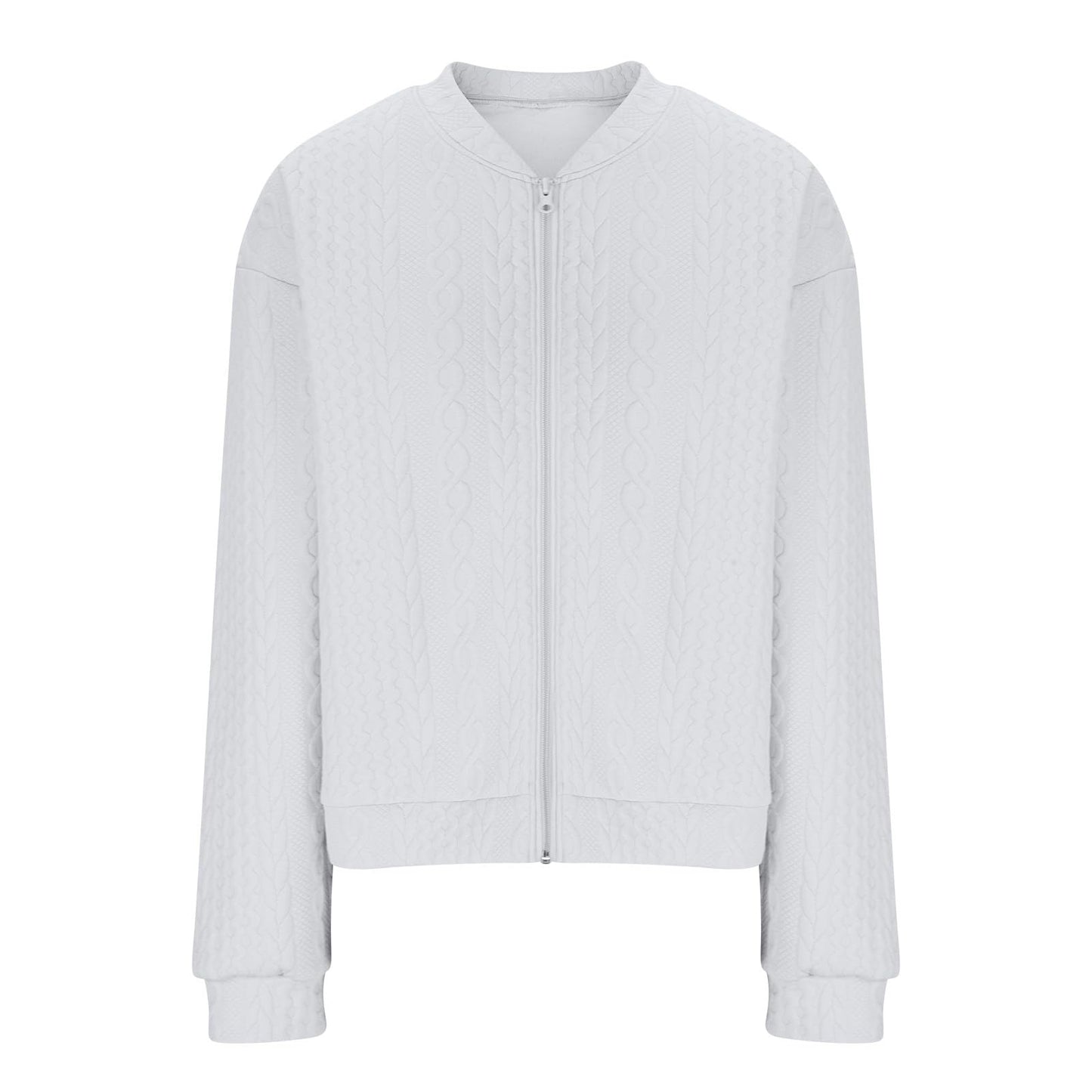 Casual Jacket For Women Fall Winter V-Neck Solid Color Cable Knitted Coat Zipper Long Sleeve Loose Sweatshirt