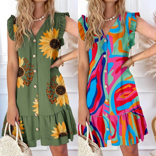 Envío gratis🔥Vestido suelto estampado con cuello de pico y botones - España