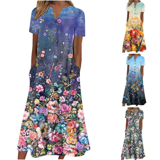 【S-3XL】Cuello en V Botón Manga Corta Suelta Dobladillo Vestido Impreso