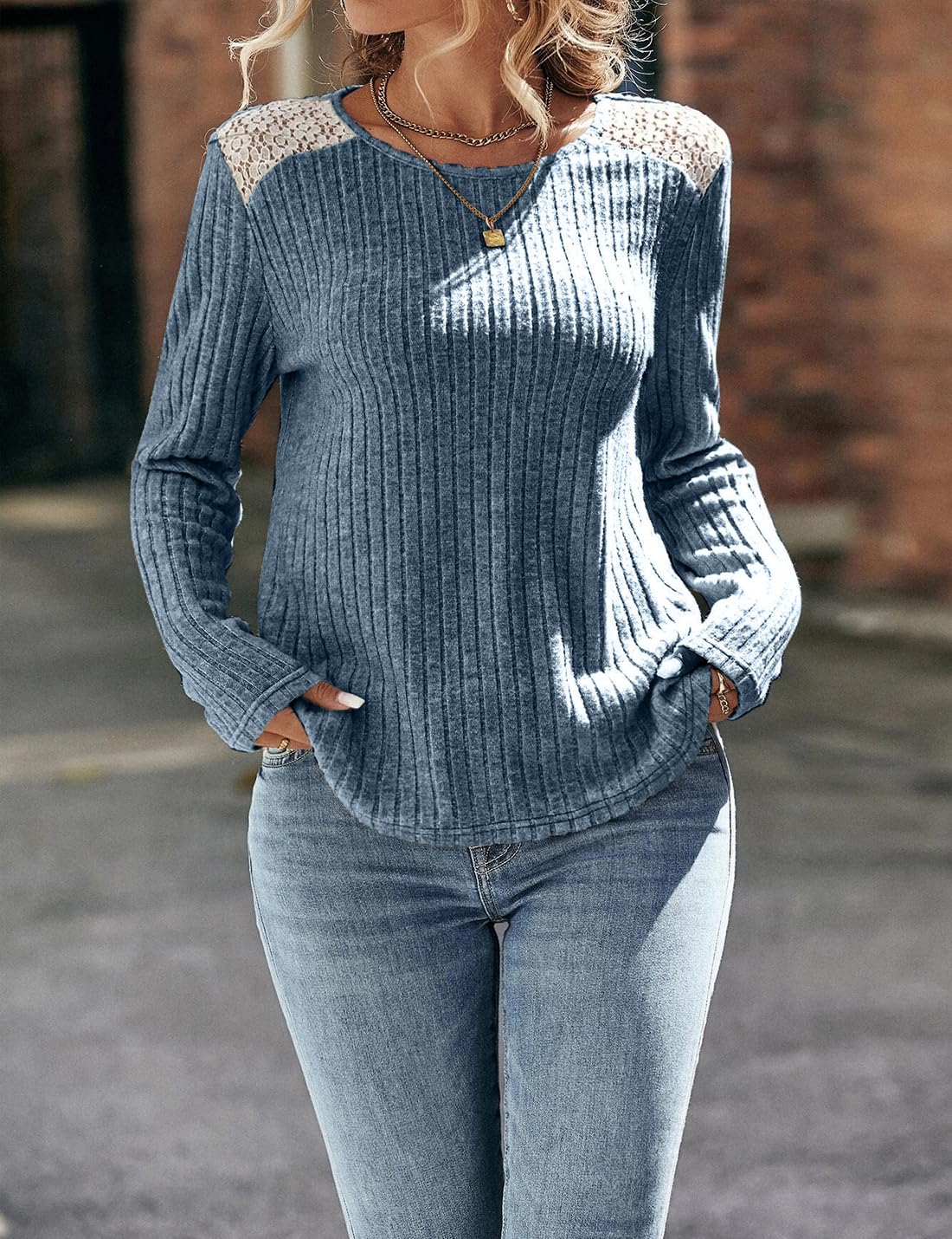 Women's Lace Long Sleeve Shirts Lightweight Fall Casual Crewneck Pullover T Shirt Tops
