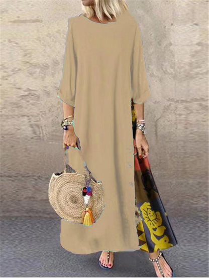 Colarinho redondo floral de outono com botões de bloqueio de cor e vestido de mangas patchwork. Solto e confortável, com cores de retalhos para um ar de elegância e generosidade. Disponível em 12 cores à escolha.