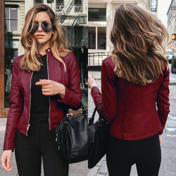 Stylish women's PU leather jacket; choose from 8 colors to match any outfit